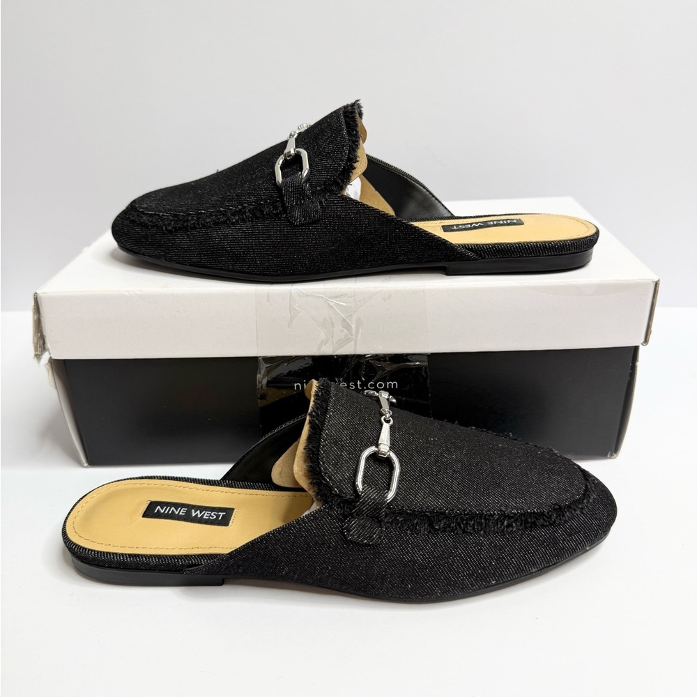 Nine West Bivey Slip-on Black Denim Almond Toe Casual Mules Size 6 1/2